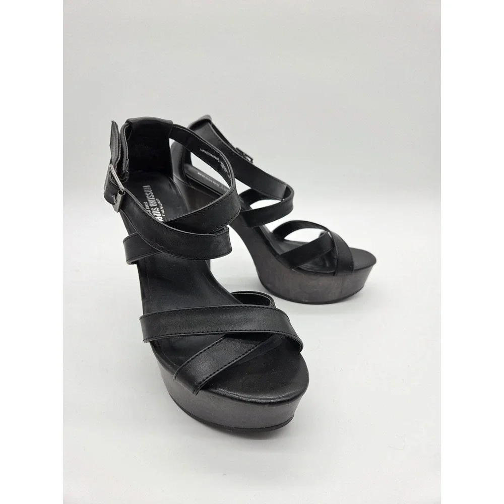 Mossimo Supply‎ Co Black Strappy Platform Sandals Chunky Wood Heel Ankle Strap 7